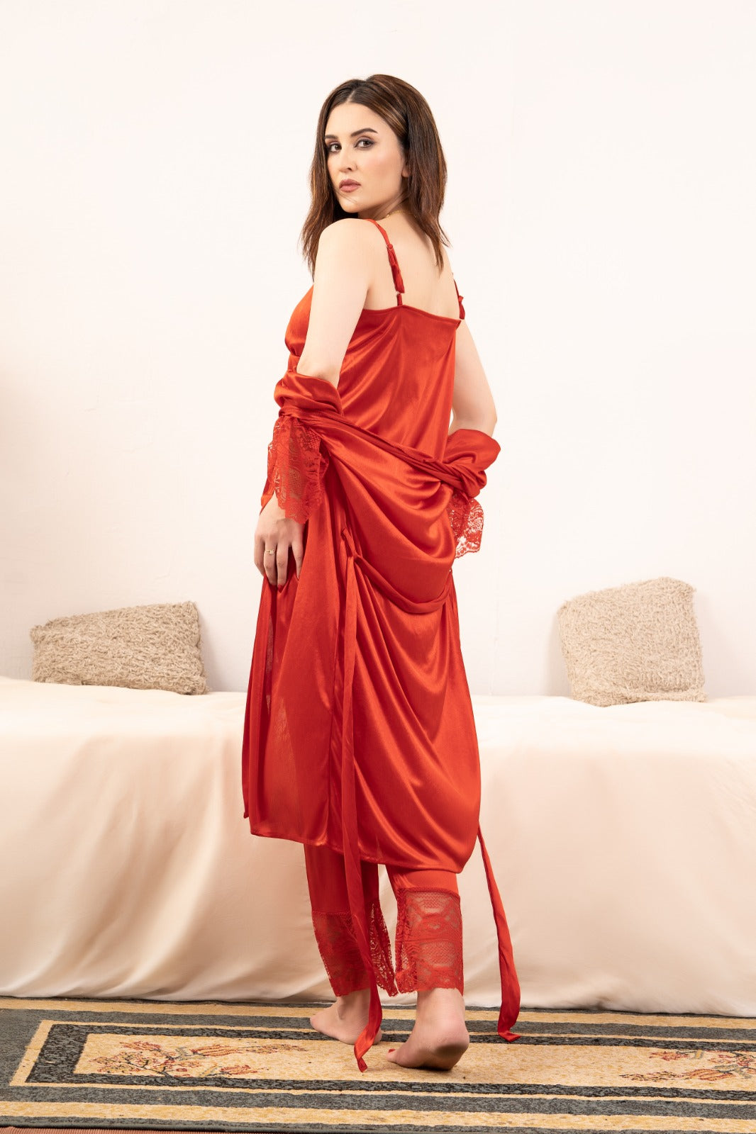 Exclusive 5-Piece Bridal Silk Sleepwear Set with Lace & Slit Gown