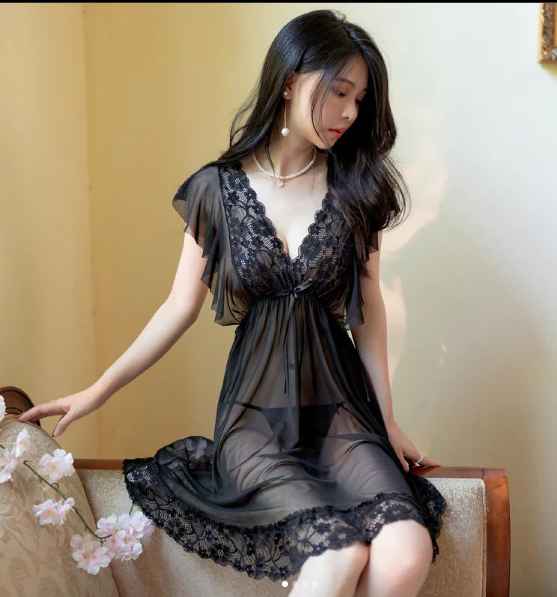 Sensual Black Lace Sheer Nighty for Women