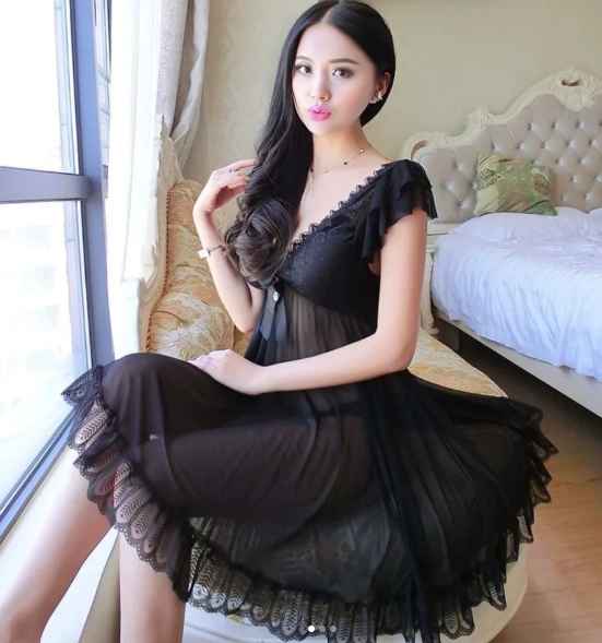 Sensual Black Lace Sheer Nighty for Women